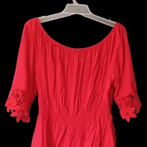 Red Off-Shoulder Blouse with Lace Sleeves